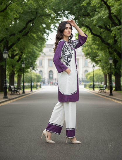 FLORAL 2 PIECE -ELEGANT KURTA SET PURPLE