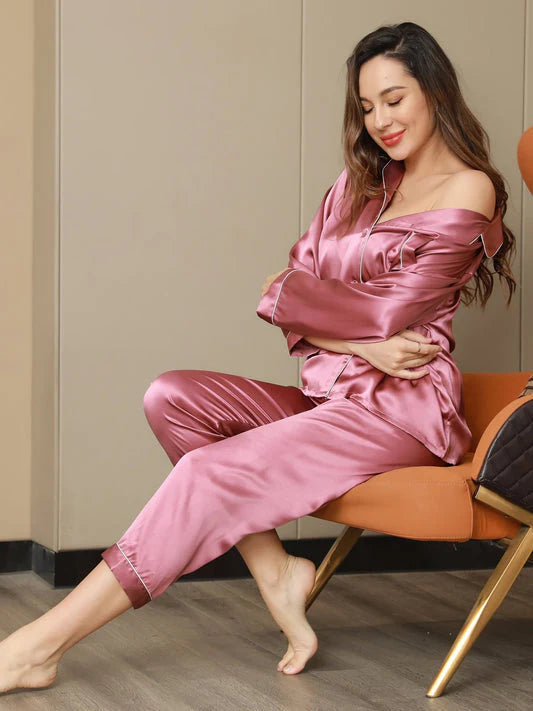 PLAIN SILK NIGHT SUIT - Dark Pink