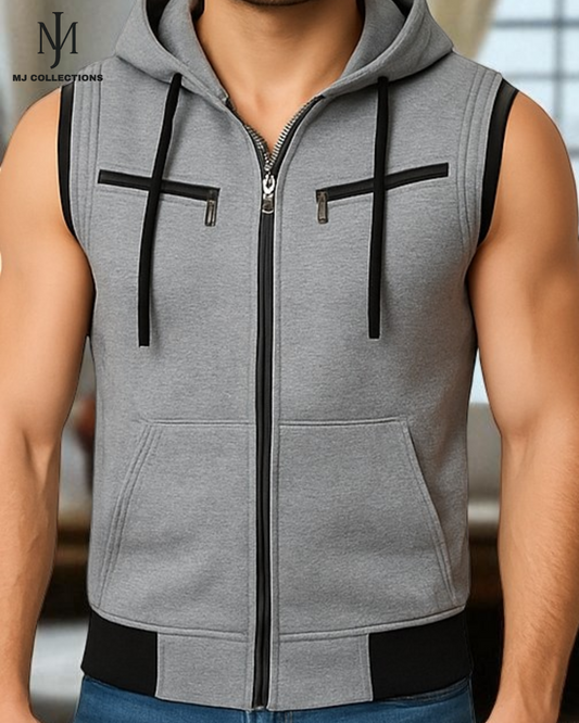 Grey Sleeveless Hodded Zipper