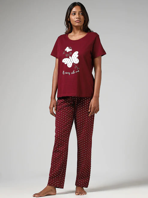 Maroon Butterfly Printed Night Suit