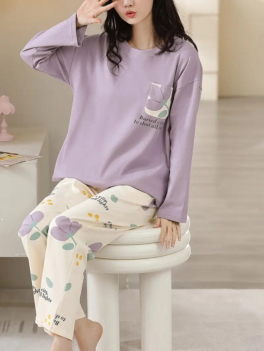 Lilac Pocket Flower Full Sleeves Pj Suit