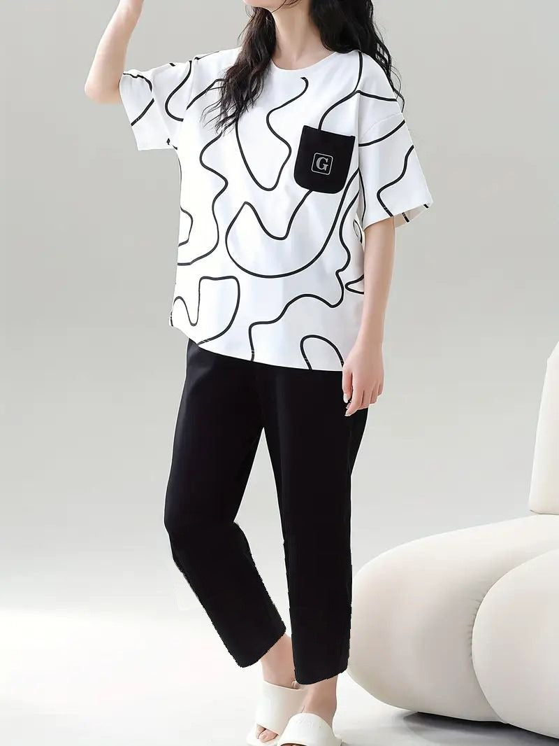 Abstract Print Black & White PJ Set'