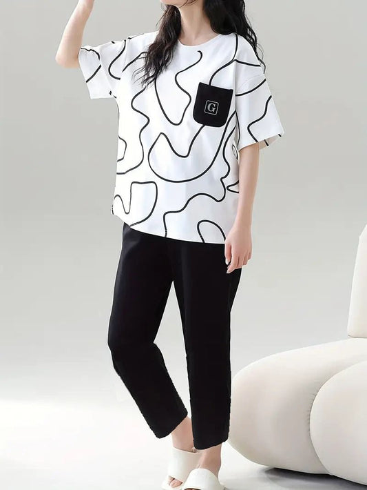 Abstract Print Black & White PJ Set'
