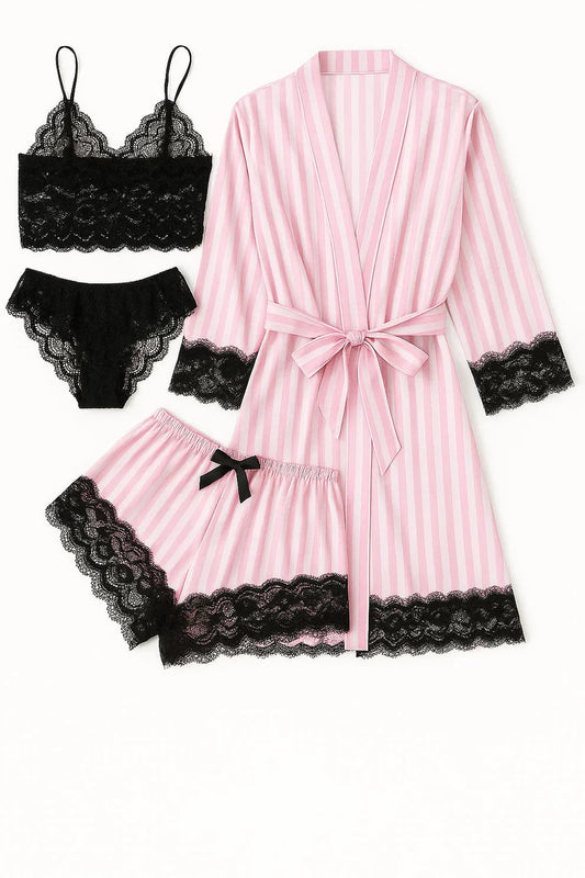 Royal Bridal Silk 4pcs set - White Pink Stripe