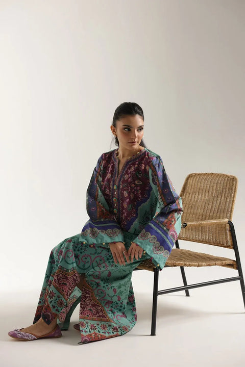 3PC Sea Green Multi Light Blue Orange Soft Pastel Printed Outfit Y26