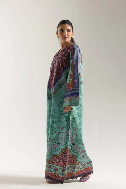 3PC Sea Green Multi Light Blue Orange Soft Pastel Printed Outfit Y26