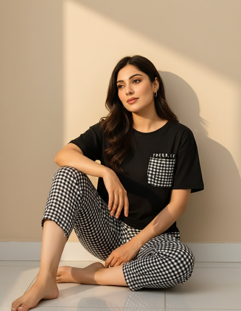 Trellis Print Black Soft Cotton PJ Suit