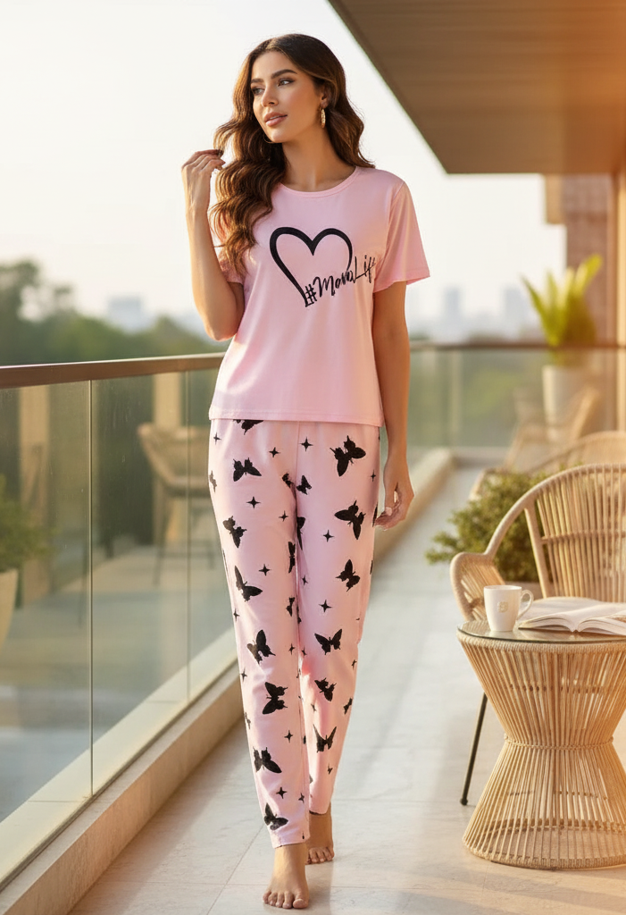 Butterfly Pink Printed Night Suit