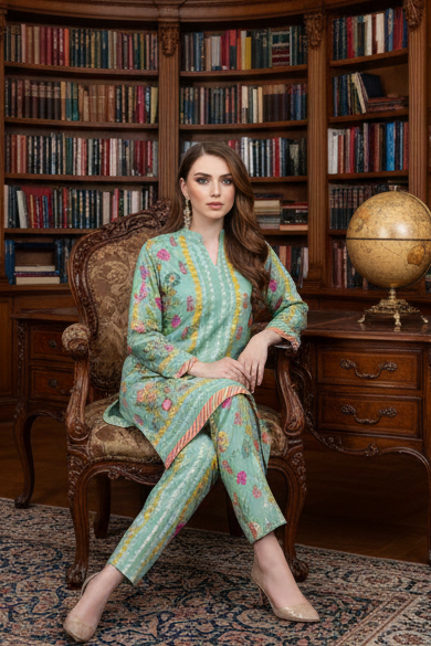 Printed 2-Piece Suit – Mint Stripe Bloom | Light Green & Floral Elegance
