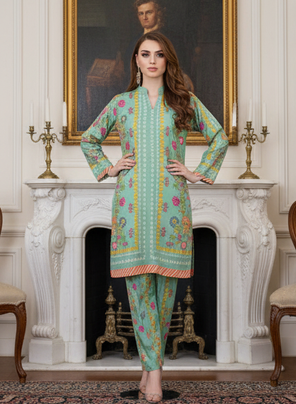 Printed 2-Piece Suit – Mint Stripe Bloom | Light Green & Floral Elegance