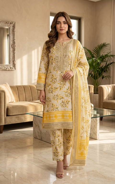 3PC Yellow Flora Printed Suit A15