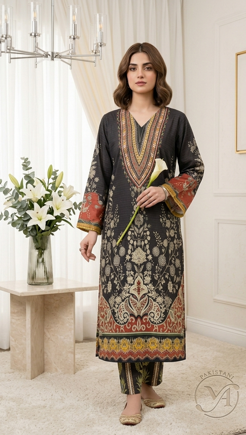 2PC Black Brown Soft Pastel Printed Outfit Y13
