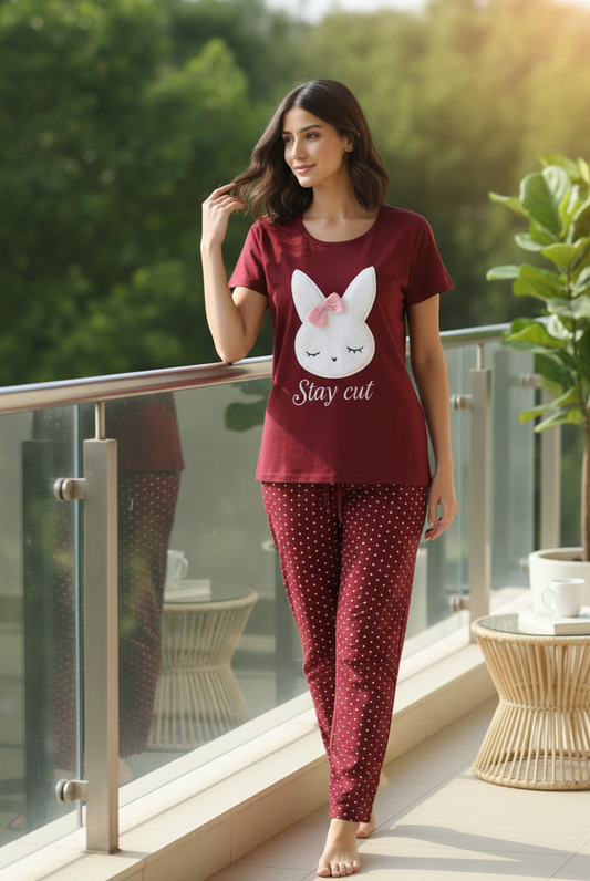 Maroon Stay Cute Printed Night Suit