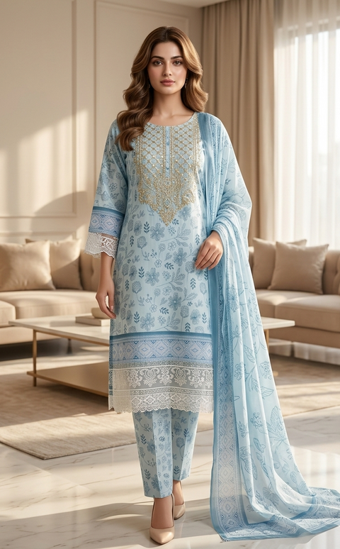 3PC Light Blue Flora Printed Suit A19