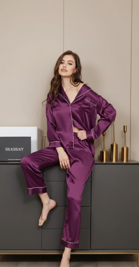 PLAIN SILK NIGHT SUIT - PURPLE