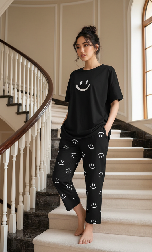 Black Smile Printed Night Suit