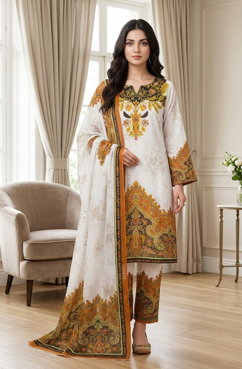 3PC White Orange Flora Printed Suit A11