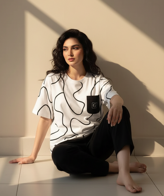 Abstract Print Black & White PJ Set'