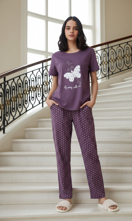 Purple Butterfly Printed Night Suit