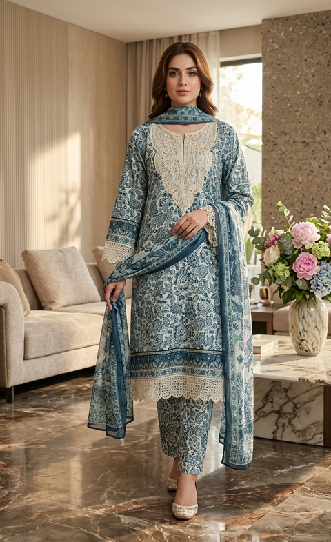 3PC Blue Flora Printed Suit A12