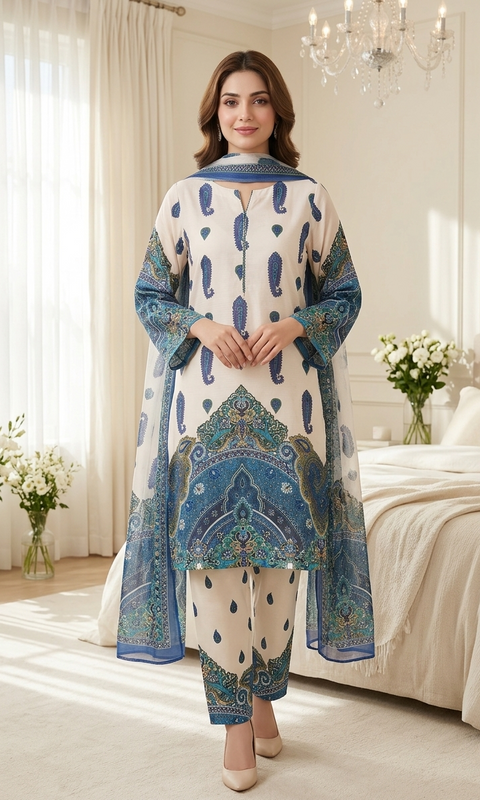 3PC White Blue Flora Printed Suit A17