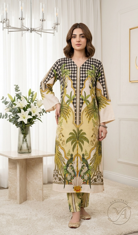 2PC Yellow Black Soft Pastel Printed Outfit Y21