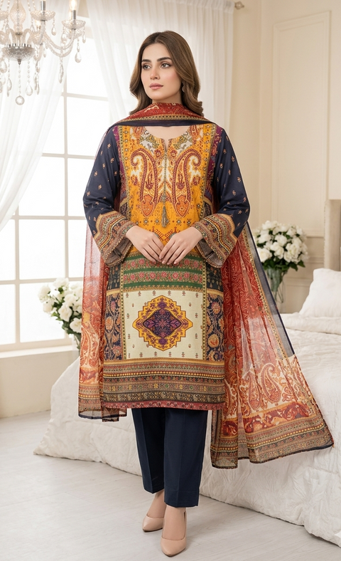 3PC  Orange Blue Flora Printed Suit A20