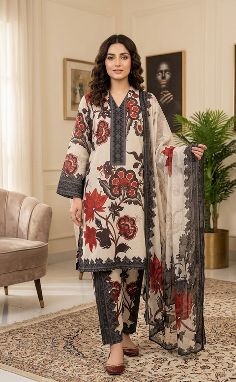 3PC Mahroon Flower Flora Printed Suit A13
