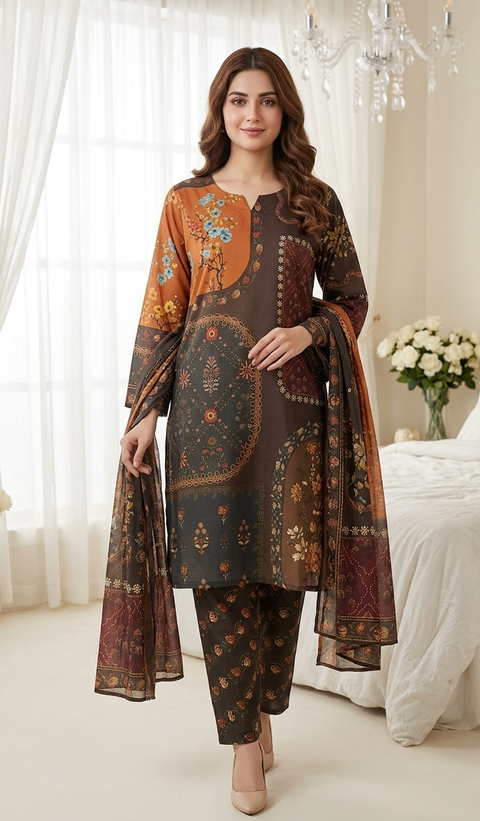 3PC Orange Brown Flora Printed Suit A21