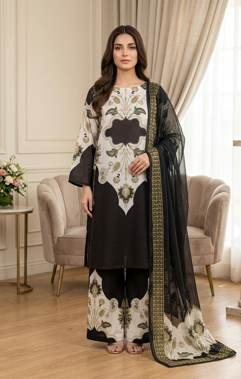 3PC Black White Flora Printed Suit A22