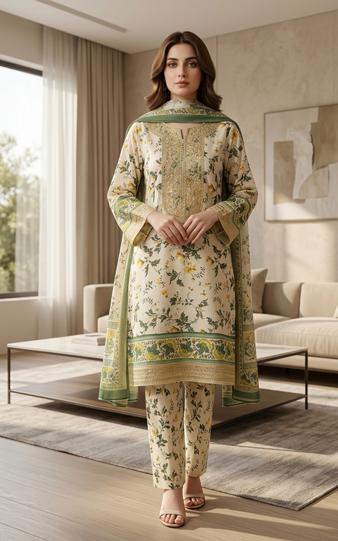 3PC Skin Green Flora Printed Suit A16