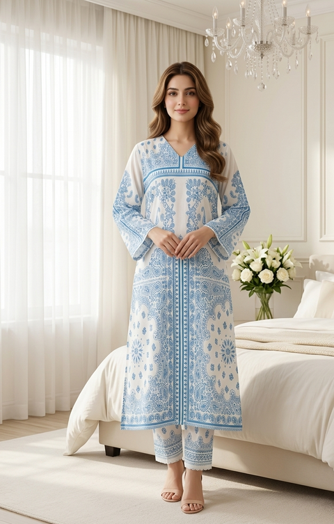 2PC Light Blue Orange Soft Pastel Printed Outfit Y25