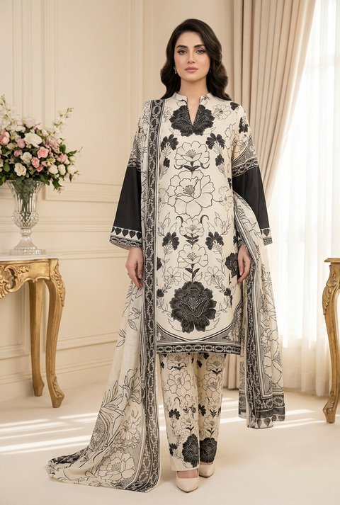 3PC White Black Flora Printed Suit A18