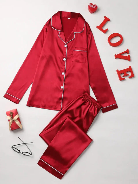 PLAIN SILK NIGHT SUIT - RED WINE (Baggy trouser)