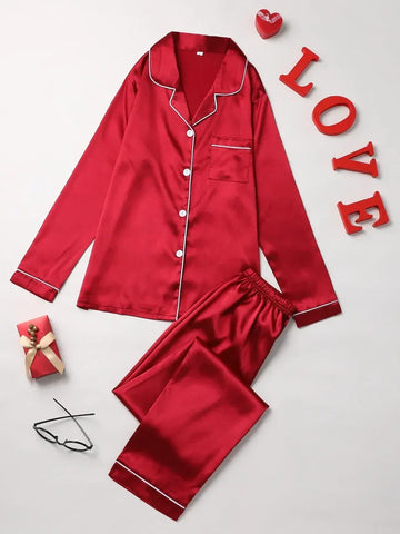 PLAIN SILK NIGHT SUIT - RED WINE (Baggy trouser)