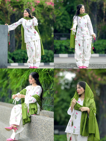 Premium White Green Leaf kurti