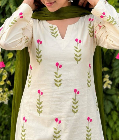 Premium White Green Leaf kurti