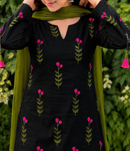Premium Black Green Leaf kurti