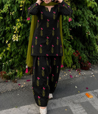 Premium Black Green Leaf kurti