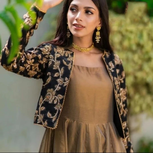 Gold Shimmer Maxi Dress with Embroidered Black Jacket