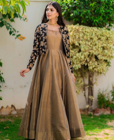 Gold Shimmer Maxi Dress with Embroidered Black Jacket