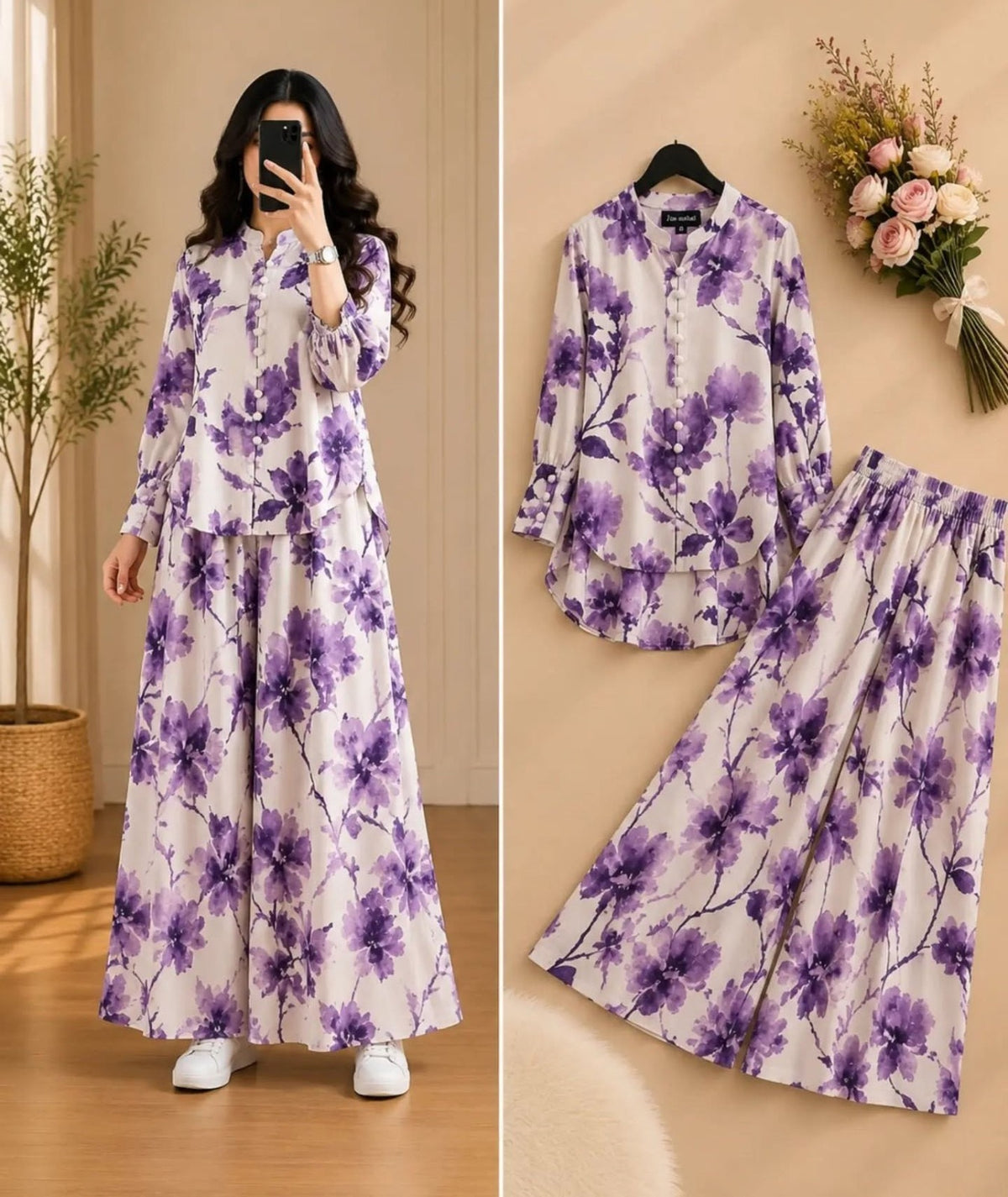 Floral Print Co-Ord Set with Long Tunic & Wide-Leg Pants