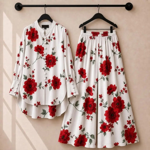 Floral Print Co-Ord Set with Long Tunic & Wide-Leg Pants