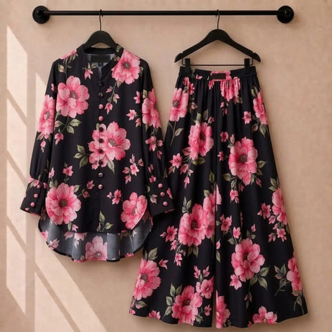 Floral Print Co-Ord Set with Long Tunic & Wide-Leg Pants