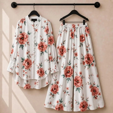 Floral Print Co-Ord Set with Long Tunic & Wide-Leg Pants