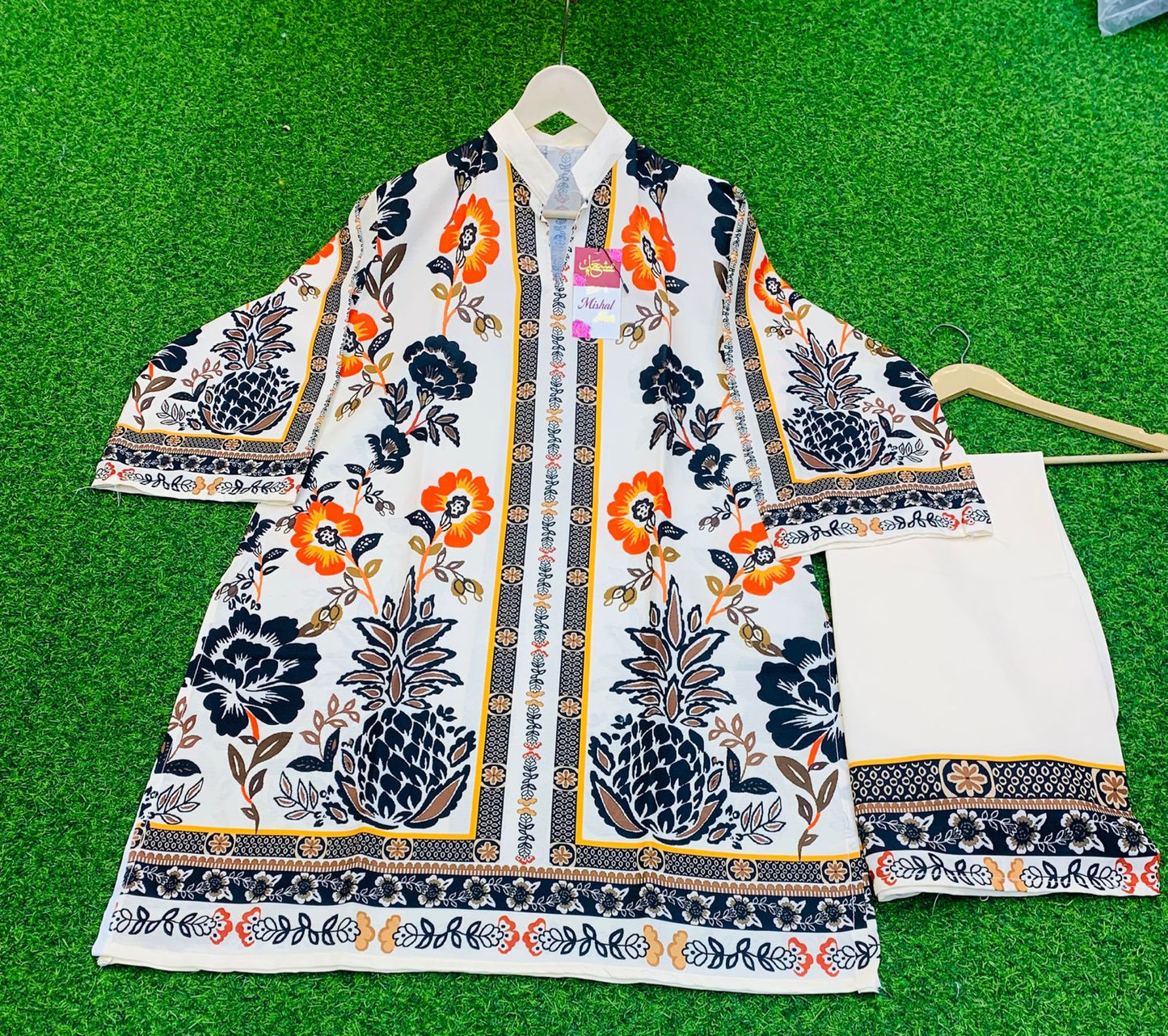 Elegant Printed 2-Piece Suit – Sunset Mosaic Charm  | Orange, Black & White Fusion