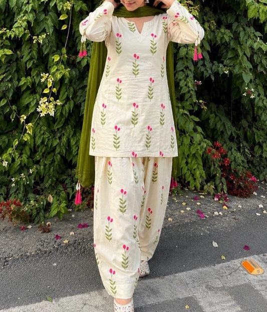 Premium White Green Leaf kurti