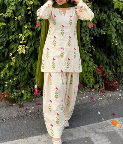 Premium White Green Leaf kurti