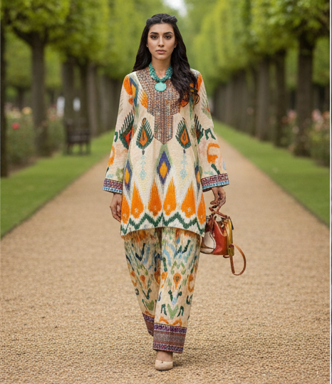 2 Piece Trending Printed Dress in Premium Lawn Fabric