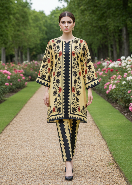 Yellow 2 Piece Trending Printed Dress in Premium Lawn Fabric